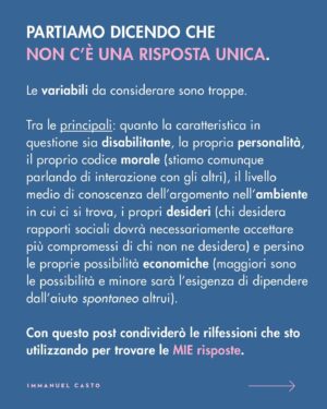 Immanuel Casto Instagram - Riflessioni personali sul rapporto tra caratteristiche immodificabili e aspettative sociali.

Per quanto il post sia sviluppato sul tema della neurodivergenza, può forse essere generalizzato a tutte le caratteristiche che una persona ha la consapevolezza di non poter cambiare.

#neurodivergent #autismo #masking #neurodiversity