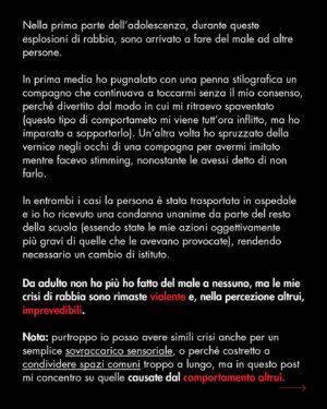 Immanuel Casto Instagram - Condivisione personale su di un tema piuttosto serio (ne approfitto per avvisare che alcuni passaggi possono disturbare chi è sensibile al tema della violenza), ma in questa caption ve lo presento in modo ironico, dicendo che è la risposta alla domanda "Manuel, ma tu ti arrabbi mai?".

Aggiungo solo una nota tecnica. Le crisi che descrivo vengono definite MELT DOWN.

Nel post non uso il termine solo perché non faccio divulgazione tecnica e non mi rivolgo  ad una platea necessariamente interessata all’argomento, quindi preferisco evitare termini di settore e descrivere direttamente il fenomeno.