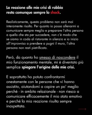 Immanuel Casto Instagram - Condivisione personale su di un tema piuttosto serio (ne approfitto per avvisare che alcuni passaggi possono disturbare chi è sensibile al tema della violenza), ma in questa caption ve lo presento in modo ironico, dicendo che è la risposta alla domanda "Manuel, ma tu ti arrabbi mai?".

Aggiungo solo una nota tecnica. Le crisi che descrivo vengono definite MELT DOWN.

Nel post non uso il termine solo perché non faccio divulgazione tecnica e non mi rivolgo  ad una platea necessariamente interessata all’argomento, quindi preferisco evitare termini di settore e descrivere direttamente il fenomeno.