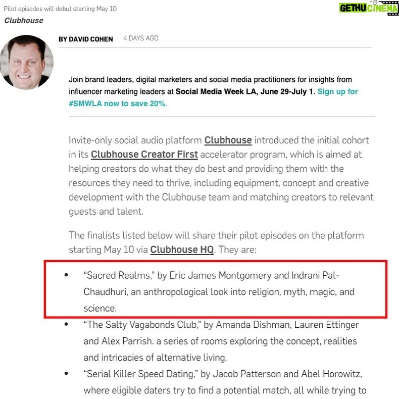 Indrani Pal-Chaudhuri - 615 Likes - Meet the Clubhouse fascinating “Creator First” Finalists. Honored to be included!
Thanks @Adweek @DavidCohen https://www.adweek.com/media/clubhouse-names-finalists-in-clubhouse-creator-first-accelerator-program/
“Invite-only social audio platform Clubhouse introduced the initial cohort in its Clubhouse Creator First accelerator program, which is aimed at helping creators do what they do best and providing them with the resources they need to thrive, including equipment, concept and creative development with the Clubhouse team and matching creators to relevant guests and talent.
“The finalists listed below will share their pilot episodes on the platform starting May 10 via Clubhouse HQ. They are:”…
“Sacred Realms,” by Eric James Montgomery and Indrani Pal-Chaudhuri, an anthropological look into religion, myth, magic, and science.”
JOIN US SUNDAY MAY 16, 6PM ET AT “SACRED REALMS” ON @CLUBHOUSE HQ CLUB
🎉 If you haven't joined clubhouse yet, comment and I’ll send you a free invite to join this community! , lovers of #magic, #religion, #anthropology #history, #alteredstates, #blackentrepreneurs, #BIPOC, #lgbtq #clubhouse #creatorfirst #leadership #culture #sacredrealms #humanities #interfaith #indranipc
#diversityandinclusion #womenleaders #womenofcolor #BIPOCartists #liveshow #audioshow #creatorfirstcommunity #clubhouseapp #clubhousecreatorfirst #inclusion #princetonanthropology #princetonarts #princetonhindusatsangnam