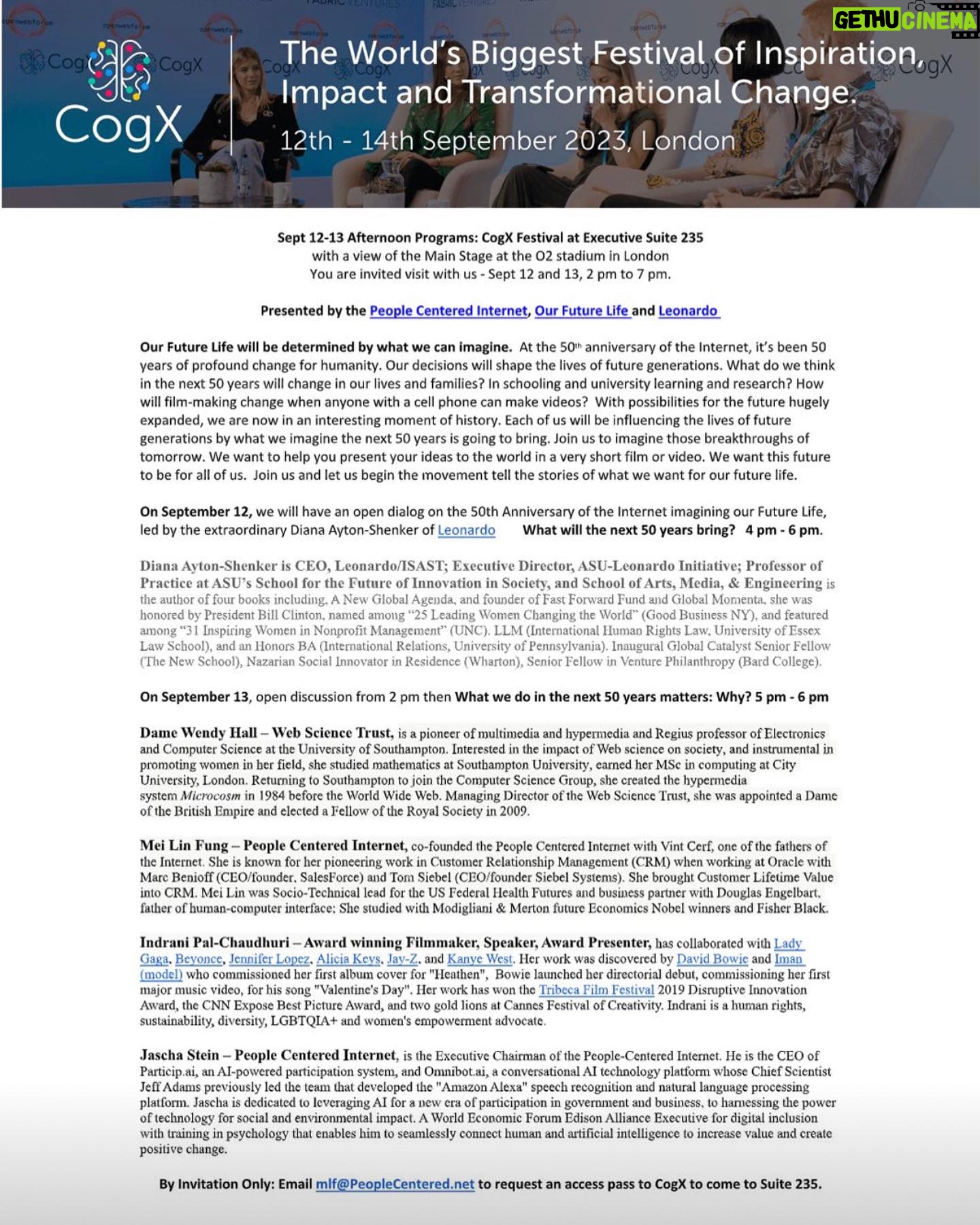 Indrani Pal-Chaudhuri - 509 Likes - Honored to speak at CogX Festival on September 13 & 14 on the main stage of "The Global Leadership Summit: The brightest minds on the biggest subjects from around the world" in London's O2 Arena (seating an audience of 90,000 - hello nerves!) and Executive Suites in conversation with the brilliant Mei Lin Fung (#PeopleCenteredInternet) inspiring Diana Ayton-Shenker (#Leonardo/ISAST)
and extraordinary #DameWendyHall (#websciencetrust)
Celebrating 50 years of Internet with conversations on the next 50 years of profound change for humanity. Our decisions this generation will shape the lives of generations to come. I propose Indigenous and women-led cultural and ecosystems regeneration through film, art, and technology, for a more just and sustainable world. (#OpenOrigin and #Shakti Regeneration Institute (SRI))
Join us at CogX "Building a Digital Future that Benefits Us All" #cogx #cogxfestival Stop by our Executive Suite September 13 with #DameWendyHall and #JaschaStein #People-Centered Internet
#regenerativedesign #regeneration #internet #50yearsofinternet #o2arena