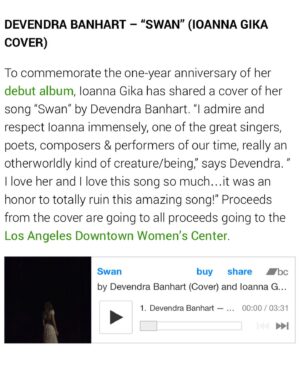 Ioanna Gika Instagram - Thank you to everyone buying the song, posting, and sharing. Today @bandcamp is waving their fees. Grateful that these proceeds are going to the Downtown Women’s Shelter. The DWC is an amazing organization and Devendra did a beautiful job. Everyone go to bandcamp today. Thanks