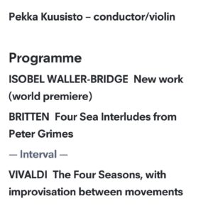 Isobel Waller-Bridge Instagram - The @philharmonia_orchestra have commissioned a new orchestral work from me 💫💫

 It’s part of their excellent Human/Nature season 🌲🌳🌴🌖🌳

Performing in November @royalfestivalhall it’ll be conducted by the absolute rock star, Pekka Kuusisto! 

I have loved and admired Pekka’s musicianship since the very first day I saw him perform about 12 years ago. He is a musician like no other, and as well as conducting my new piece, he will be performing his own wild take on Vivaldi’s Four Seasons, complete with his own folk interludes. When Pekka first reached out to me it was honestly like getting a call from Bowie. 

I’m deep in research for the work and so excited to collaborate with the Philharmonia musicians.  They are world class, and it is a long time dream and a privilege to be working with them, and at the Royal Festival Hall. 

I hope you can come to hear us live in November 🍁🍁🍁 xx

** the gentleman conducting in the photo is someone brilliant but I don’t know him - it isn’t Pekka