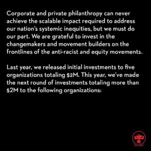 J.J. Abrams Instagram - Repost from @bad_robot
•
We are grateful to invest in the changemakers and movement builders on the frontlines of the anti-racist and equity movements.
 
To learn more about each organization, go to link in bio.