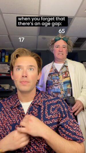 JJ Niemann Instagram - friendship knows no age boundaries 😌 lmao
•
•
•
•
•
#martymcfly #docbrown #actor #broadway #musical #musicaltheatre #theatrekid #wig #costume #backtothefuture #theatre #backstage