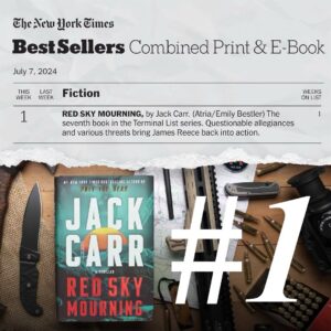 Jack Carr Instagram - Thank you to everyone who made RED SKY MOURNING Number One on the New York Times Bestsellers List in Print Hardcover and Combined Print and eBook.  It is extremely humbling, and I appreciate it more than I can express. 🙏🇺🇸

 How did I celebrate?  By diving in on the next project.

There is a lot in the works.  Can’t wait to share more with you. 

Onward!

#JackCarr #JackCarrUSA #RedSkyMourning #JamesReece #NewYorkTimesBestseller #ThankYou #Read #Humbled