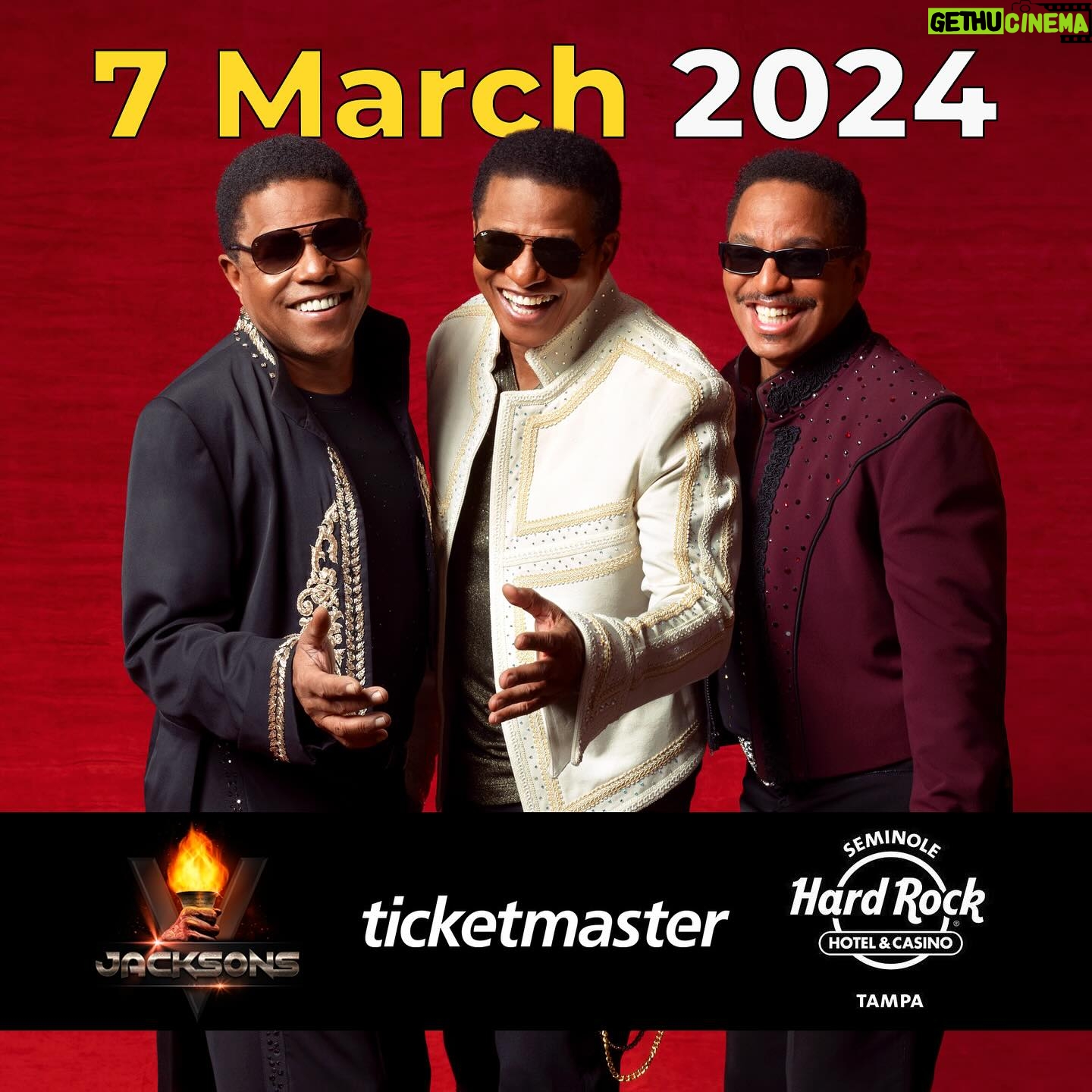 Jackie Jackson - 2.9K Likes - Get ready to groove and party with us at Seminole Hard Rock Hotel & Casino Tampa on March 7th as we bring the ultimate Jacksons Party to town! 🕺💃 The stage is set, the vibes are high, and we can’t wait to share this night with all of you! 🌟🎶 Who’s ready to dance, sing, and make some incredible memories? 🙌 Don’t miss out – mark your calendars and let’s make March 7th a night to remember! 🎊✨
Tickets are on sale at Ticketmaster:
https://www.ticketmaster.com/the-jacksons-tampa-florida-03-07-2024/event/0D00602BD8F1476
#thejacksons #hardrock #seminole #tampa #florida #live #legacy #party #ticketmaster #showalert #mondaymood #mondaymotivation