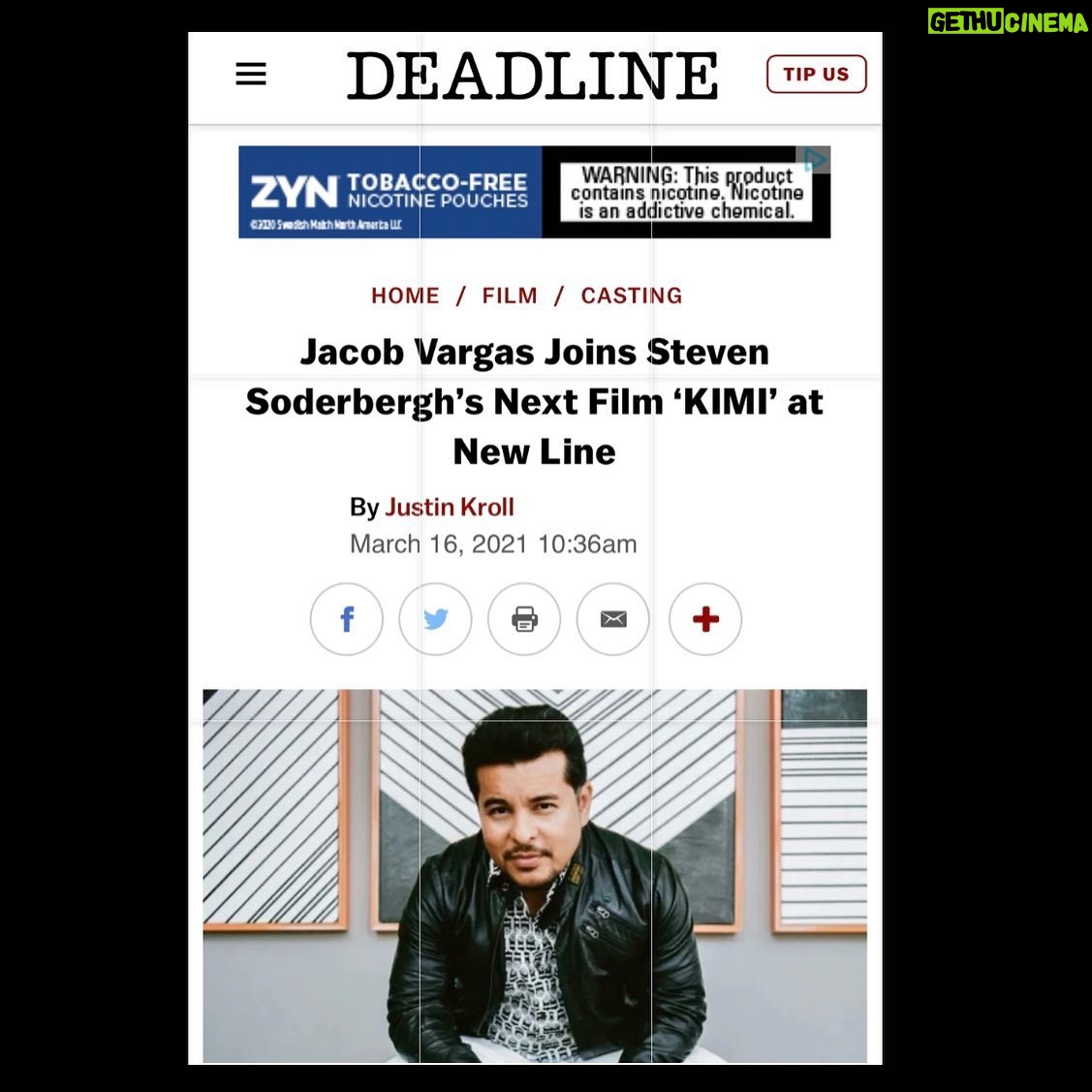Jacob Vargas - 2.3K Likes - Super excited to work with the amazing @ssoderbergh again. KIMI is gonna be a crazy ride!!!!