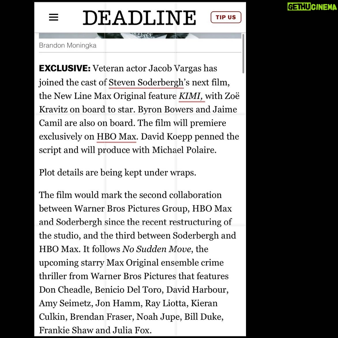 Jacob Vargas - 2.3K Likes - Super excited to work with the amazing @ssoderbergh again. KIMI is gonna be a crazy ride!!!!