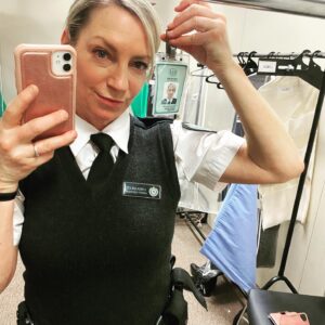Jacqueline Brennan Instagram - Only two episodes to go! In wardrobe on my last day of  filming holding Linda’s ID from the first day filming. #tealtuesday #oneweektogoUSnetflix @wentworthonfoxtel #biglindalittlelinda