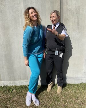 Jacqueline Brennan Instagram - The long and the short of it! Teal Tuesday with the fabulous Kate Box. @wentworthonfoxtel @boxkatebox #Uggbootsmakemelooktaller