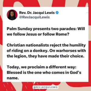 Jacqui Lewis Instagram - Holy Week 2024, y’all. Which parade are we in?

If you missed today’s @middlechurch worship featuring Jesus Christ Superstar, you can catch it online or watch our 3:00pm EDT digital service.

These are hard times, and as I said in worship, though there is a cup full of poison, there is also a fountain full of of love.

Let us be the love.

Asé.

#HolyWeek #PalmSunday #JesusChristSuperstar #LovePeriod #GodIsLove #ThereIsHope