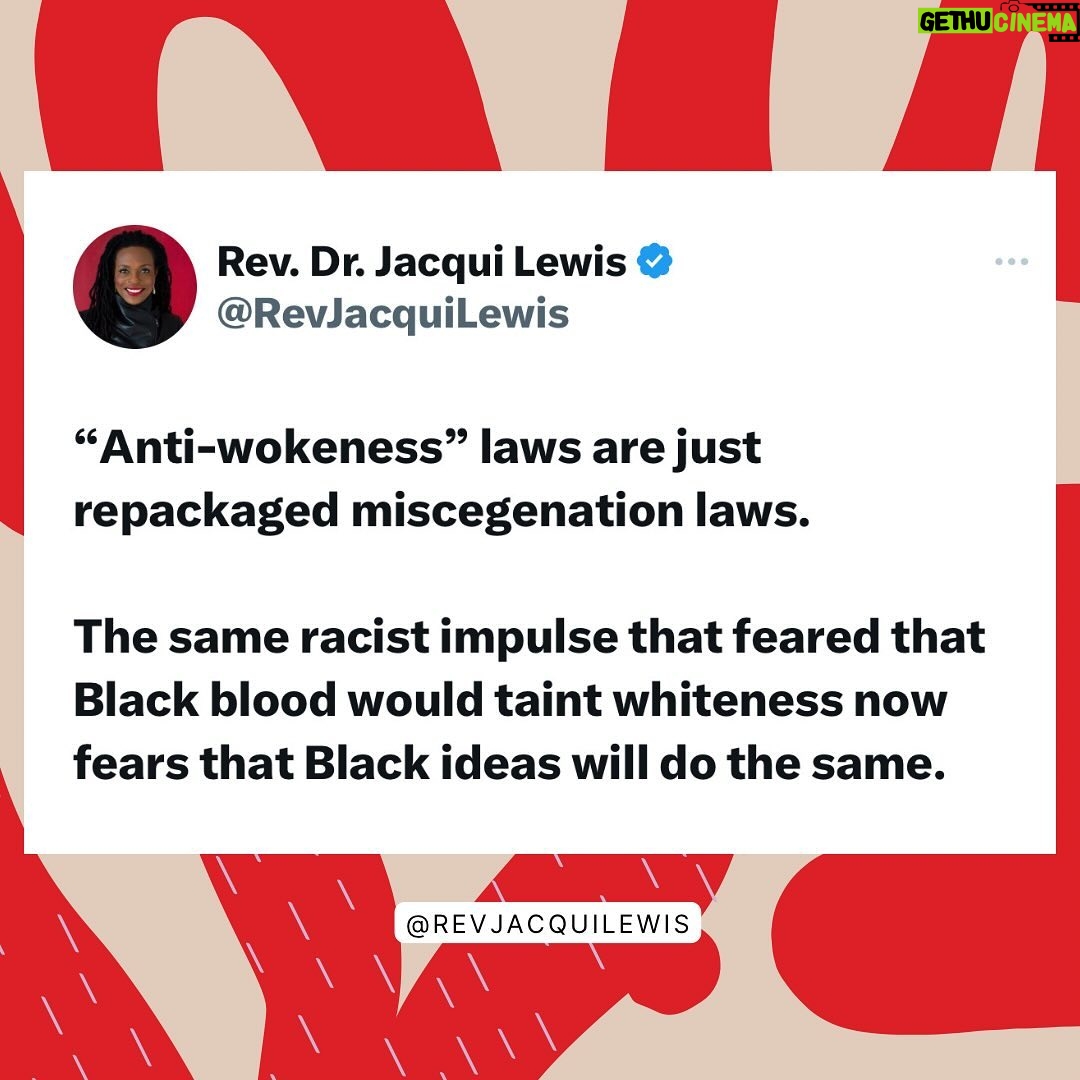 Jacqui Lewis - 1.9K Likes - Loving the comments on this on tweet. Accepting and celebrating all people brings a richness to the world that white-supremacy cannot abide by because it demands that only “whiteness” is worthiness. In the end white supremacy robs us all of a vibrant and colorful world with endless possibilities.
#GodIsLove #GrownUpGod #BlackAllWays #AllWaysBlack #StayWoke