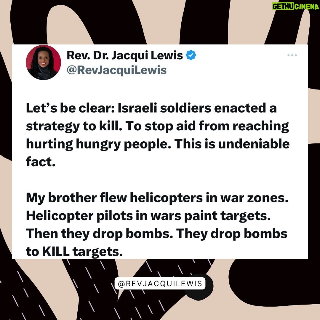 Jacqui Lewis - 416 Likes - We see what is happening.
We will not be silent.
We will not be complicit.
Israel’s government is willing to kill aid workers to ENSURE that they can kill Palestinians. Where is the value for any human life?
People of morals- let us be moved by our collective conscience to speak up.💔✊🏾
#GodIsLove #ProgressiveChristianity #FierceLove #LovePeriod