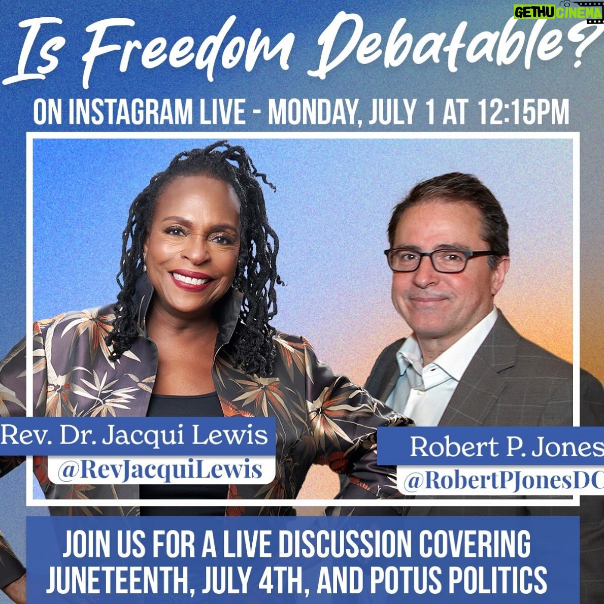 Jacqui Lewis - 3 Likes - Is Freedom Debatable?
There is a lot going on right now. Emotions and fears are high post debate as the reality of the 2024 election sinks in.
Join me and my friend @robertpjones, author of “The Hidden Roots of White Supremacy” this Monday July 1 at 12:15 pm EDT for an Instagram Live.
#FierceLove #Democracy #Freedom #4thOfJuly #ThisIsAmerica #ProgressiveFaith #RevDrJacquiLewis #RevolutionaryLove