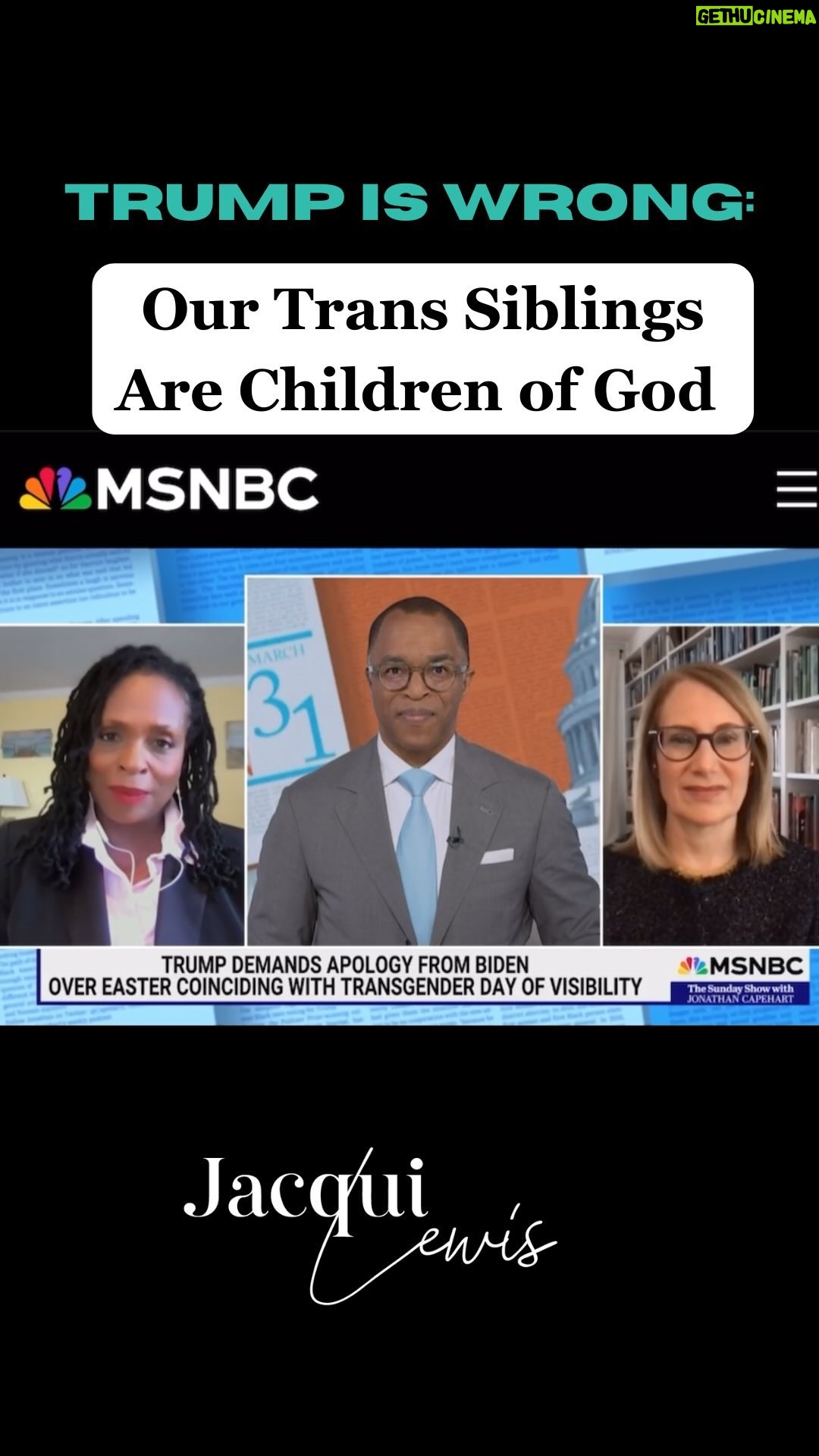 Jacqui Lewis - 824 Likes - America, let’s not fall for the circus. How can we crucify Trans people for being different when Jesus himself was crucified for being different?
Trans Day of Visibility falls on the same day every year, March 31st. Trump demanding that Biden apologize for it falling on Easter when Easter is the day that changes year to year is beyond ridiculous.
Our Trans siblings are holy children of God. What if we considered it a miracle that these two days overlapped this year? Easter, a day of renewal and hope, and Trans Day of Visibility- a day when we intentionally uplift the goodness of our Trans siblings.
Easter 2024 may be behind us on the calendar, but the message lives beyond the holy day: Let’s double down on love, not hate.
Watch this clip from my appearance on @capehartj on @msnbc on Sunday. It’s always a joy to be able to chat with Jonathan and friends.
#Easter #TransDayofVisibility #GodIsLove #TransIsBeautiful #FierceLove #RevDrJacquiLewis #JonathanCapehart #MSNBC #LovePeriod #StopHate #TransLivesMatter