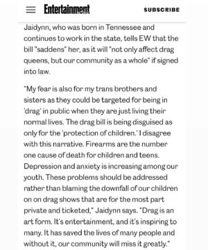 Jaidynn Diore Fierce Instagram - I said what I said 👏🏾 this bill is some BULL! Y’all are not trying to “protect” the children. Drag brings positivity and happiness to millions of people. Thank you @joeynolfi at @entertainmentweekly
