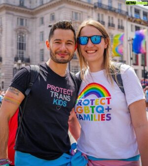 Jake Graf Instagram - Pride was an absolute blast this year. ❤️🌈🥳

Catching up with old friends, a lot of our beautiful followers and lots and lots of trans and LGBTQ families, all loving and supporting their trans young people.✊🏼✊🏾🏳️‍⚧️

We were privileged to speak on both the trans stage and the main stage this year and seeing the love, support and strength for the trans community is truly awesome.

The message for the day: If you care about trans or LGB people, then get out and vote on Thursday and GET THE TORIES OUT.🙏🏼

#lgbt #pride #love #proud #hope #strongertogether #trans #ftm #mtf #nonbinary #beautiful 

Thanks to @thephluidproject for our shirts!