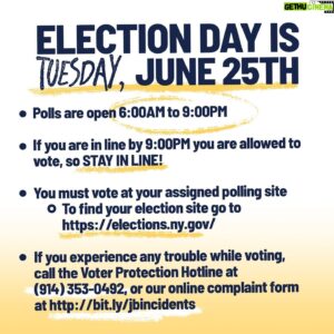 Jamaal Bowman Instagram - It’s election day!

It’s going to take all of us, coming together, to stand up to AIPAC and their right-wing megadonors. Make your plan to vote and make sure your friends, family, and anyone you know in NY-16 is voting too!

Learn how to vote and join us at the link in my bio!