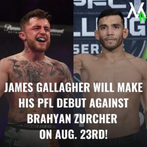 James Gallagher Instagram - Irish star James Gallagher (12-3) will make his PFL debut on August 23rd in Washington DC when he takes on the undefeated Brahyan Zurcher (9-0) in a featherweight clash! 🚨

How do you see the fight going? Drop your predictions below! ⬇️ 

#mma #pfl #combat #combatsports #fighting #sport #news #daily