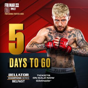 James Gallagher Instagram - FIVE DAYS TO GO! 🔥

A New Era of MMA begins in 5️⃣ days time at the SSE Arena, Belfast! 

James Gallagher takes on Leandro Higo in a must see featherweight fight! 👀

#BellatorBelfast | Friday March 22 | SSE Arena, Belfast 🎟️ On Sale NOW. Link in bio