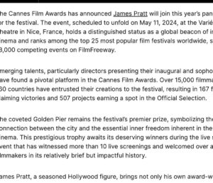 James Pratt Instagram - Really excited for France this May and to watch some terrific films. 

Thank you🙏
@eunicekphotography 
@indiewrap 

https://indiewrapmag.com/news/james-pratt-added-to-cannes-film-awards-judging-panel/