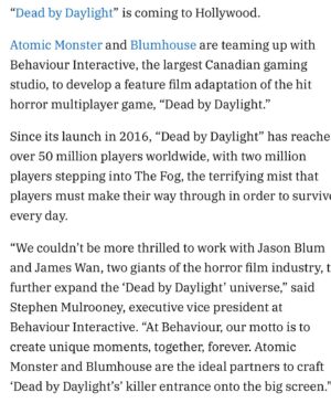 James Wan Instagram - Looking forward to the cinematic experience of this! #deadbydaylight 

@atomicmonster
@blumhouse
@variety