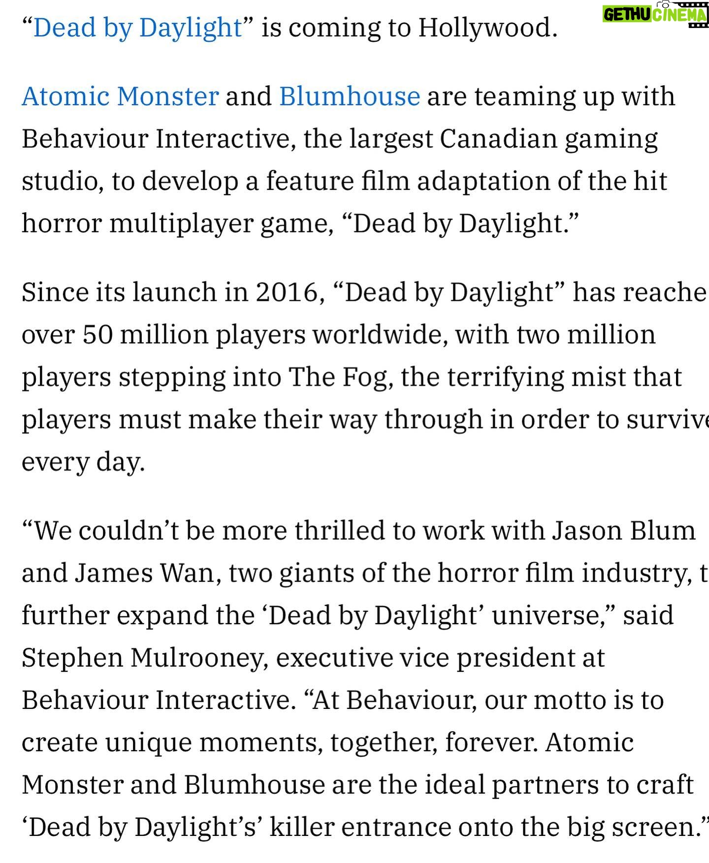 James Wan - 23K Likes - Looking forward to the cinematic experience of this! #deadbydaylight
@atomicmonster
@blumhouse
@variety