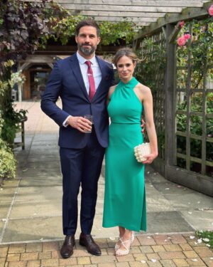 Jamie Jewitt Instagram - Beautiful day yesterday celebrating the most beautiful couple 🥰. Congratulations @jodie_317 and @justswoodenstuff6 and thank you for the best day 🥂❤️🎵

Dress - @mintvelvet 
Bag - Cult Gaia rented from @jesswithdresses on @byrotation 
Shoes - @dune_london (from a couple of years ago)