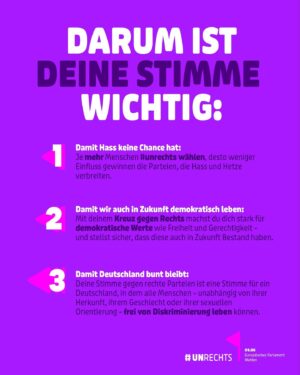 Jan Delay Instagram - wie immer delayed 😇 um ehrlich zu sein, dachte ich bei der kampagnen-anfrage: „ja fett, dann sagen da wieder sinngemäß viva con aqua, deichkind und ich, dass wir gegen nazis und rassismus sind. wir holen ein paar solidaritäts-likes, aber nichts verändert sich. denn dass wir und unsere follower antifaschisten sind, weiss eh jeder 🤷‍♂️ aber ich wurde positiv überrascht: viele acts und künstler die sich sonst nicht so explizit äussern haben mitgemacht. und genau das macht die ganze kampagne so wertvoll. denn man muss die leute erreichen, die den ernst der lage noch nicht erkannt haben. die, denen das alles bisher egal war. die unpolitischen, die sorglosen, die unentschlossenen, die  prokrastinatoren. die kids, die jetzt endlich schon mit 16 wählen dürfen 🙌 die liste all derer die mit einem unrechten kreuz auf dem wahlzettel für europa, die bundesländer oder den bundestag, die #noafd klein halten können, ist schier unendlich. und all diejenigen gilt es zu erreichen, zu motivieren und zu mobilisieren. darum props an alle die mithelfen. bei der arbeit, am esstisch, auf dem platz, im club oder hier in den socials. wenn leute von denen man es nicht erwartet, oder die sich sonst nicht zu sowas äussern ihren mund aufmachen, das ist momentan unsere stärkste währung. in diesem sinne hoffe ich, solche aktionen wie die vom schrauben-könig @wuerth_germany oder den gerüstbauern @geruestbau.boenninger finden viele nachahmer. lasst uns alles dafür tun, dass am 09.06. (und danach!) aaaaaaaalle #unrechts wählen! 🙏💚✊