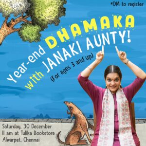 Janaki Sabesh Instagram - 🚨🚨CLOSED🚨🚨

Celebrate the year that was and one that's to come with us at our bookstore as much loved storyteller Janaki Aunty tells some sweet-sweet stories from the world of Tulika!

On Saturday, December 30th 
11 am at Tulika Bookstore, Chennai
For ages 3  

To register : LINK IN BIO or DM 

(LIMITED SPOTS ONLY)