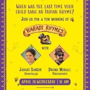 Janaki Sabesh Instagram - Calling all Chennai folks! What are you doing this Wednesday morning? Come join us for a musical morning full of sing-alongs to classic Karadi Rhymes at Goethe Institut, Chennai with storyteller Janaki Sabesh and percussionist Drums Murali. 

Karadi Rhymes echo the joys of a childhood that is nurtured by the idiosyncratic sensibilities that Indian children grow up amidst. Little relatable are Jack and Jill and plum pies when it is monsoon showers and ripe mangoes that guide the experience of an Indian childhood. Come sing with us as we revel in the tunes that celebrate autos, spices, sarees, and much more!

#karadithebear #karaditales #goetheinstitutchennai #karadirhymes #summerevent #eventsforkids #childrensbooks #childrenspublishing #indianchildrensliterature #picturebooksforkids #bookevents #musicalevent #storytelling #musicandstories