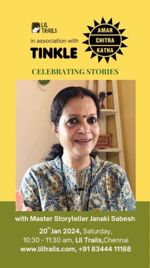 Janaki Sabesh Instagram - Join @liltrails in Celebrating Stories – a Special Storytelling Event in collaboration with @amarchitrakatha and @tinklecomicsstudio featuring our Master Storyteller @maajanaki narrating tales that have won many hearts.
.
When?
20th January 2024, Saturday between 10:30 – 11:30 am
.
Where?
Lil Trails, 4th Floor, #32,
First Avenue,Shastri Nagar,
Adyar, Chennai – 600020
.
Tickets : link in bio (or) bit.ly/celebratingstories (or) www.liltrails.com
.
#storytelling #amarchitrakatha #tinkle #tinkle700 #ackcomics #childrenbook #childrenstories #chennaievents #eventforkids #chennaikids #chennaiparents #parenting #storyteller #stories #storiesofindia