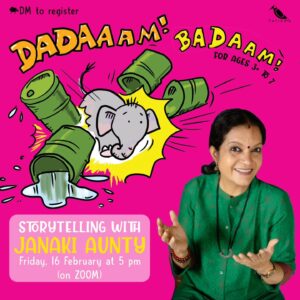 Janaki Sabesh Instagram - #ONLINEEVENT #Storytelling 

Much loved storyteller Janaki Aunty brings the story of our favourite gentle giant Gajapati Kulapati from the most recent book Little Gajapati Kulapati Kweee!

For ages 3  to 7
on Friday, 16 February at 5 pm (on ZOOM)

Registration details in BIO or DM for details