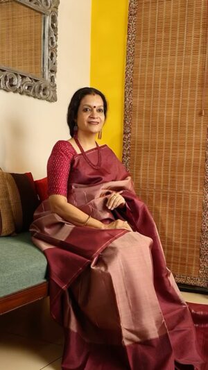 Janaki Sabesh Instagram - The wine colour border in this pure silk saree from @shopsarasaloka  is the perfect setting for the exquisite necklace by @kamnadesigns with ruby beads from Longido Mines. The handcrafted matching fusion eardrops is crafted in 14 k gold & silver with diamonds. The ever resplendent @maajanaki carries all these off so beautifully.

Come visit our  pop-up by kamnadesigns and sarasaLoka to see these and more. 

Sat, 2nd March : 10.30 am to 6 pm
Sun, 3rd March : 10.30 am to 2 pm

No 8, Shree Sundar Gruha
D’silva road, 1st cross street,
Mylapore.

Kamna : 9841420173
SarasaLoka : 9560931444