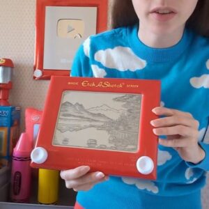 Jane Labowitch Instagram - wore my happy little clouds for this one ☁️ catch me on clockäpp drawing with an episode of Bob Ross TODAY at 2pm ET!

#EtchASketch #bobross