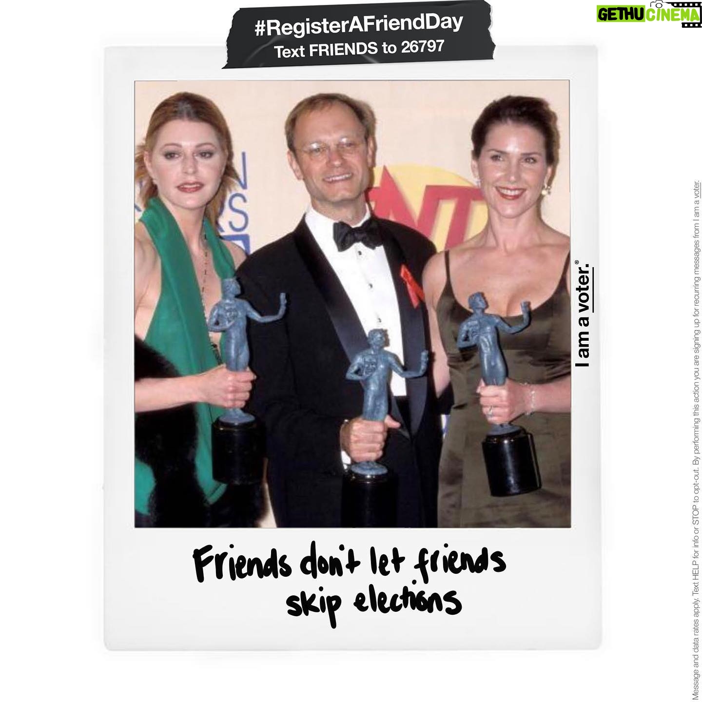 Jane Leeves - 3.7K Likes - Friends don't let friends skip elections. I’m English, so I’m counting on my American friends to do it for me! Text FRIENDS to 26797 to make sure you are registered to vote. And tag your friends below to remind them to check their registration too. #RegisterAFriendDay @iamavoter