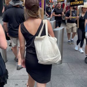 Janie Haddad Tompkins Instagram - 1) @realmichellehurd who says, “We’re on the right side of history!” Thank you, Michelle for the pic and the strong words! 2) me and Todd proving the @wgaeast & @sagaftra solidarity! 3) with signs 4) making some noise for THE SUITS 5) obsessed with this NYC strike captain, I love her energy and leadership

#WGAstrong #DoTheWriteThing #WGAstrike
#SagAftraMember #1u 
#SAGAFTRAstrong #SAGAFTRAstrike #Power2Performers