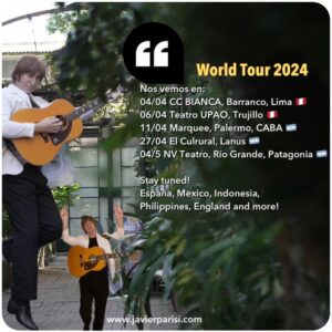 Javier Parisi Instagram - Hello folks! I hope you are well!
Here we go again ✈️ more gigs will be added soon
Nos vemos ahí amigos! 
04/4 CC BIANCA Barranco, Lima Peru 🇵🇪 
06/4 Teatro UPAO, TrujilloPeru 🇵🇪
11/4 Marquee, Palermo, CABA 🇦🇷
27/4 El Cultural, Lanus 🇦🇷
04/5 NV Teatro, R. Grande, Patagonia 🇦🇷

Stay tuned: España, Mexico, Indonesia, Philippines, England and more…

#javierparisi #impersonator #johnlennon #lennon #lennontribute #tributetojohnlennon #beatleband #ultimateimagine #thebeatles #beatles #imaginejohnyoko #databeatle #lennonargentino #news #entertainment #ジョンレノン #eternallennon #lennonlookalike  #johnlennontribute #palermo #marquee #showenvivo