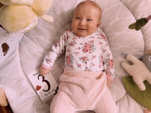 Jay Anstey Instagram - 3 Months Today 🥳

So fast she’s gone from a napping, feeding, pooping blob into somewhat of a person! 😂 
Her cute quirky personality is starting to shine through and the laughs she gives us everyday are growing. 
Damn I love this little soul.
🌻🌈🥰