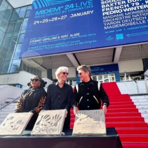 Jean-Michel Jarre Instagram - Greetings from Cannes! Red carpet & Walk of Fame moment with the great @Stewart Copeland and the talented @yemialade! 
#midem24  #villedecannes
