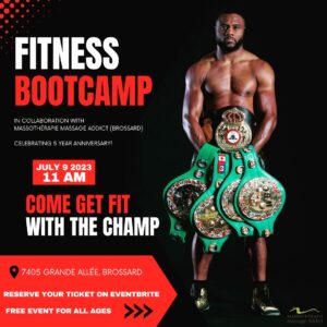 Jean Pascal Instagram - BOOTCAMP Alert‼️ 🚨 
Joignez-vous à moi, ARIANE GOYETTE et ANTONIN DÉCARIE pour un entraînement spécial et divertissant à 11am-12pm
Venez CÉLÉBRER LE 5E ANNIVERSAIRE DE
@massotherapiemassageaddictbros (BROSSARD)
• ÉVÉNEMENT POUR TOUTE ÂGE
• BOOTCAMP INTERACTIF
• MASSAGE SUR CHAISE
• RAFRAÎCHISSEMENTS
• TIRAGES ET PLUS

9 JUILLET, 2023
11 AM-12PM
RÉSERVER VOTRE PLACE SUR EVENTBRITE! https://www.eventbrite.com/e/billets-boot-camp-avec-jean-pascal-ariane-goyette-et-antonin-decarie-667749746467?aff=oddtdtcreator
7405 GRANDE ALLÉE SUITE 60, BROSSARD