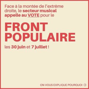 Jeanne Added Instagram - @front_electronique 
Au vu des circonstances politiques gravissimes en France, nous sommes près de 200 artistes, médias, promoteur•ices, vidéastes, etc… de la scène musicale française à s’être unis spontanément pour s’organiser face à cette crise. 

Notre communauté culturelle, plurielle et inclusive, doit absolument se mobiliser pour garantir l’avenir des espaces de libertés que nous avons construit ensemble.

En ce sens, un comité regroupant toustes ces acteur•ices s’est porté volontaire pour agir avec des actions comme : l’organisation d’événements et de livestream centrés sur l’appel au vote et à la sensibilisation des enjeux et risques actuels, la création d’un hymne commun et la curation de VA dans le but de récolter des fonds.

Le 30 juin et le 7 juillet prochain on se retrouve tous•tesX aux bureaux de vote !