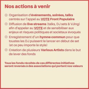 Jeanne Added Instagram - @front_electronique 
Au vu des circonstances politiques gravissimes en France, nous sommes près de 200 artistes, médias, promoteur•ices, vidéastes, etc… de la scène musicale française à s’être unis spontanément pour s’organiser face à cette crise. 

Notre communauté culturelle, plurielle et inclusive, doit absolument se mobiliser pour garantir l’avenir des espaces de libertés que nous avons construit ensemble.

En ce sens, un comité regroupant toustes ces acteur•ices s’est porté volontaire pour agir avec des actions comme : l’organisation d’événements et de livestream centrés sur l’appel au vote et à la sensibilisation des enjeux et risques actuels, la création d’un hymne commun et la curation de VA dans le but de récolter des fonds.

Le 30 juin et le 7 juillet prochain on se retrouve tous•tesX aux bureaux de vote !