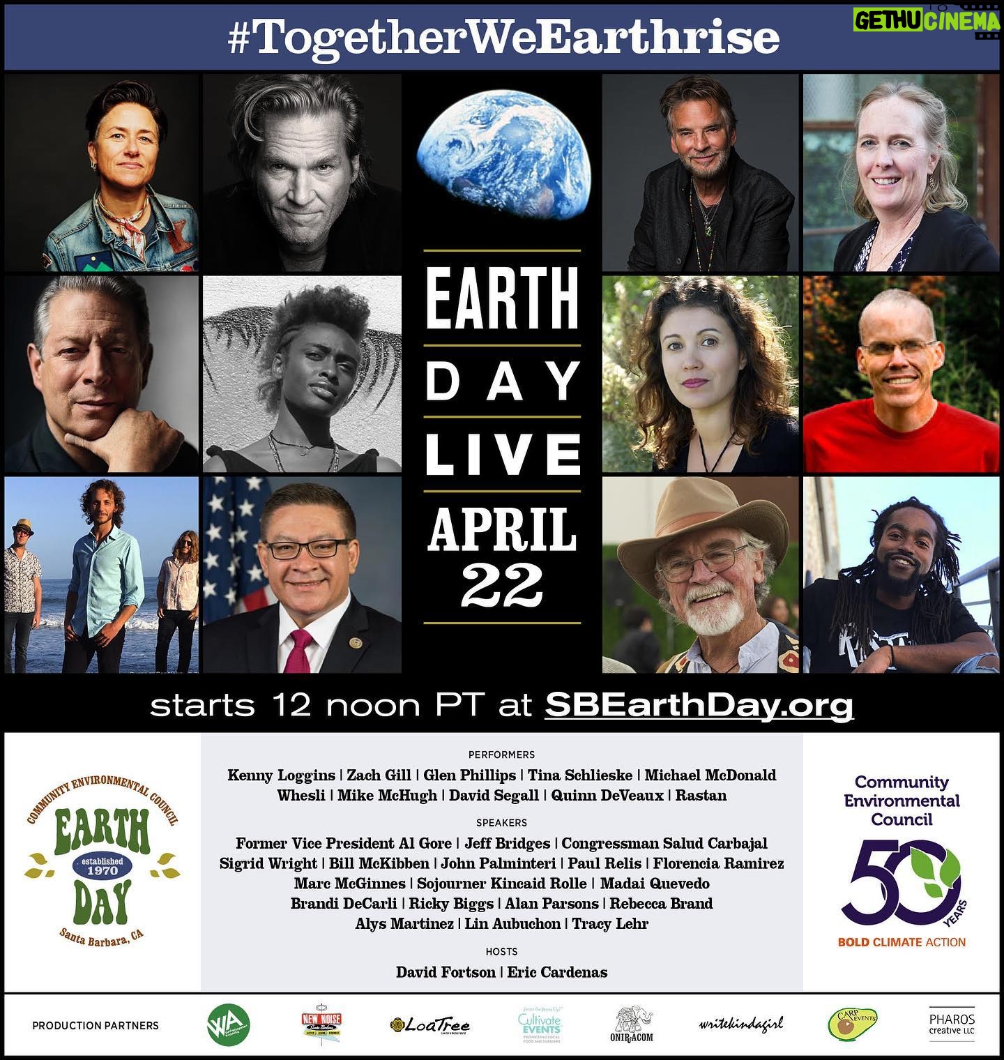 Jeff Bridges - 4.7K Likes - Join us for an online Earth Day Festival dedicated to inspiration, community building, and climate action. The livestream event begins at 12PM PT on Wednesday, April 22. Watch live at SBEarthDay.org. #TogetherWeEarthrise