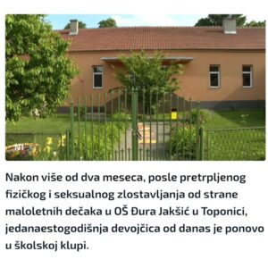Jelena Stupljanin Instagram - Devojcica iz Toponice je vracena u skolu. Jedna mala pobeda. Svih nas koji smo radili na tome da se ovaj slucaj digne sa mrtve tacke i, cak, da ne ode u suprotnom smeru. 

Na zalost, put ka pravdi je dug - ona pohadja nastavu sama - izolovana od svih drugih djaka iz njenog odeljenja jer su tri decaka i dalje nekaznjeni, tu. 
Advokat i porodica, zajedno sa Centrom za socijalni rad, nastavljaju borbu za pravdu.

Ali, pokazali smo da svaki glas, svaki vid podrske znaci! I da uvek postoji nacin, ako smo zajedno, ako smo solidarni, ako nismo sami. 

Ona sigurno nije sama. Niti je, na zalost, usamljen slucaj. I na tome cemo insistirati, do kraja. ✊