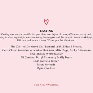 Jenna Doolittle Instagram - ✨2020 was a terrible year in so many ways. Our industry has struggled, but some industry members really stepped up and made actors feel seen, supported and loved. 

The following list was compiled by actors in the Actors Rise FB group as well as a few additions from me. 

To those on this list, 
Thank you. Thank you. Thank you. 

You made all the difference. ❤️

***Of course this is not a full list of everyone who supported actors so please tag someone below who you’d like to thank & follow these people and support them as they have certainly supported us! 

Here’s to an incredible 2021! 🎉🥂

#gratitude #thankyou
