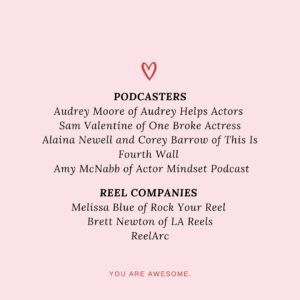 Jenna Doolittle Instagram - ✨2020 was a terrible year in so many ways. Our industry has struggled, but some industry members really stepped up and made actors feel seen, supported and loved. 

The following list was compiled by actors in the Actors Rise FB group as well as a few additions from me. 

To those on this list, 
Thank you. Thank you. Thank you. 

You made all the difference. ❤️

***Of course this is not a full list of everyone who supported actors so please tag someone below who you’d like to thank & follow these people and support them as they have certainly supported us! 

Here’s to an incredible 2021! 🎉🥂

#gratitude #thankyou
