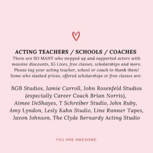 Jenna Doolittle Instagram - ✨2020 was a terrible year in so many ways. Our industry has struggled, but some industry members really stepped up and made actors feel seen, supported and loved. 

The following list was compiled by actors in the Actors Rise FB group as well as a few additions from me. 

To those on this list, 
Thank you. Thank you. Thank you. 

You made all the difference. ❤️

***Of course this is not a full list of everyone who supported actors so please tag someone below who you’d like to thank & follow these people and support them as they have certainly supported us! 

Here’s to an incredible 2021! 🎉🥂

#gratitude #thankyou