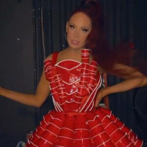 Jenni Thomasson Instagram - We’re not just saying gay this week in Florida, we’re SCREAMING it 💋! Excited for a great week of shows,  seeing friends, and hopefully riding a rollercoaster or 2! Huge thank you to @marcosquared for my very own iconic cup dress! I love wearing this every night . #todrickhall #femulineworldtour #marcomarco #beerpongbutmakeitfashón